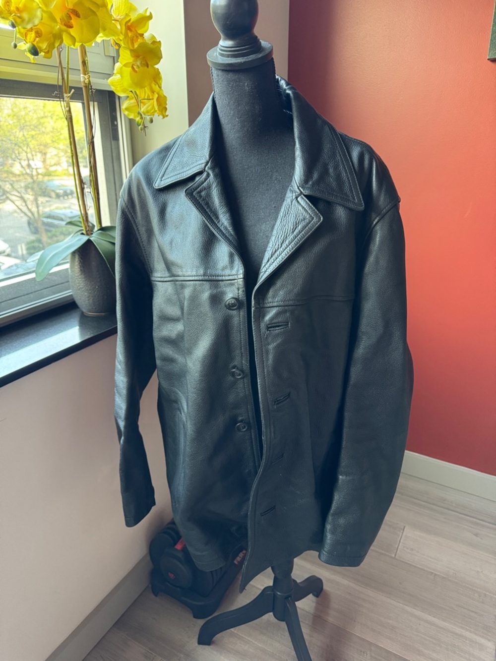 Wilsons Leather Black Men's Leather Trench Coat - Button Front